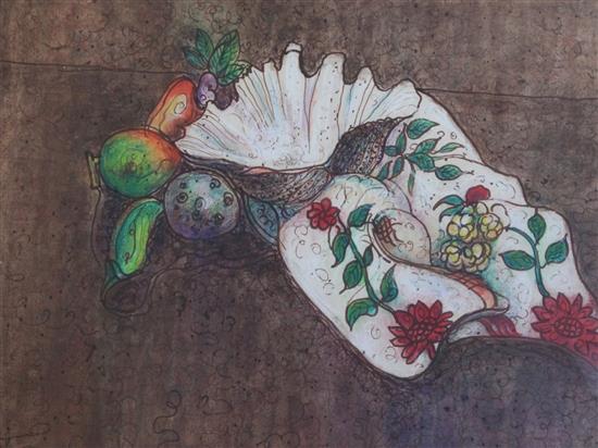 William de Belleroche (1913-1969) Caniche sur en platé porcelaine and Study of a shell and fruit 24 x 28in. and 20 x 26in.